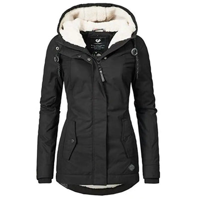 Thickened Cotton Jacket for Women - Black Hooded Coat
