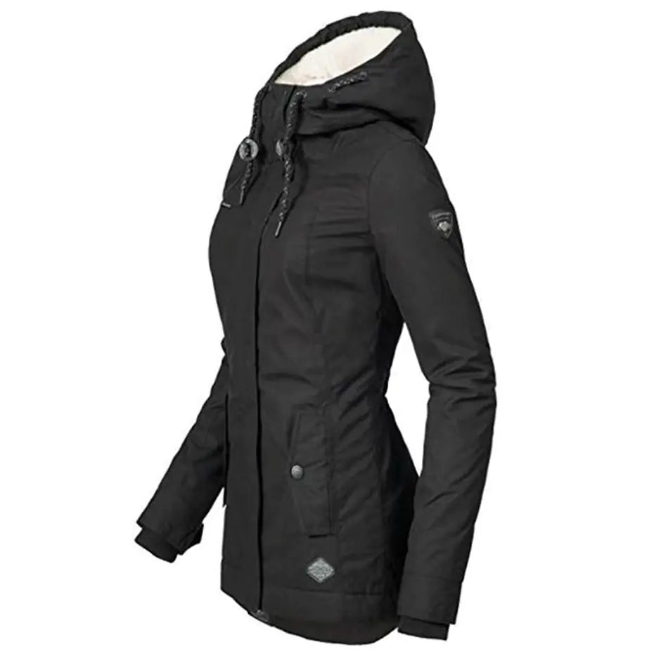 Thickened Cotton Jacket for Women - Black Hooded Coat