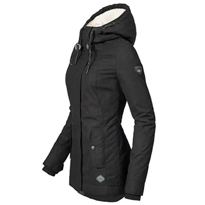 Thickened Cotton Jacket for Women - Black Hooded Coat
