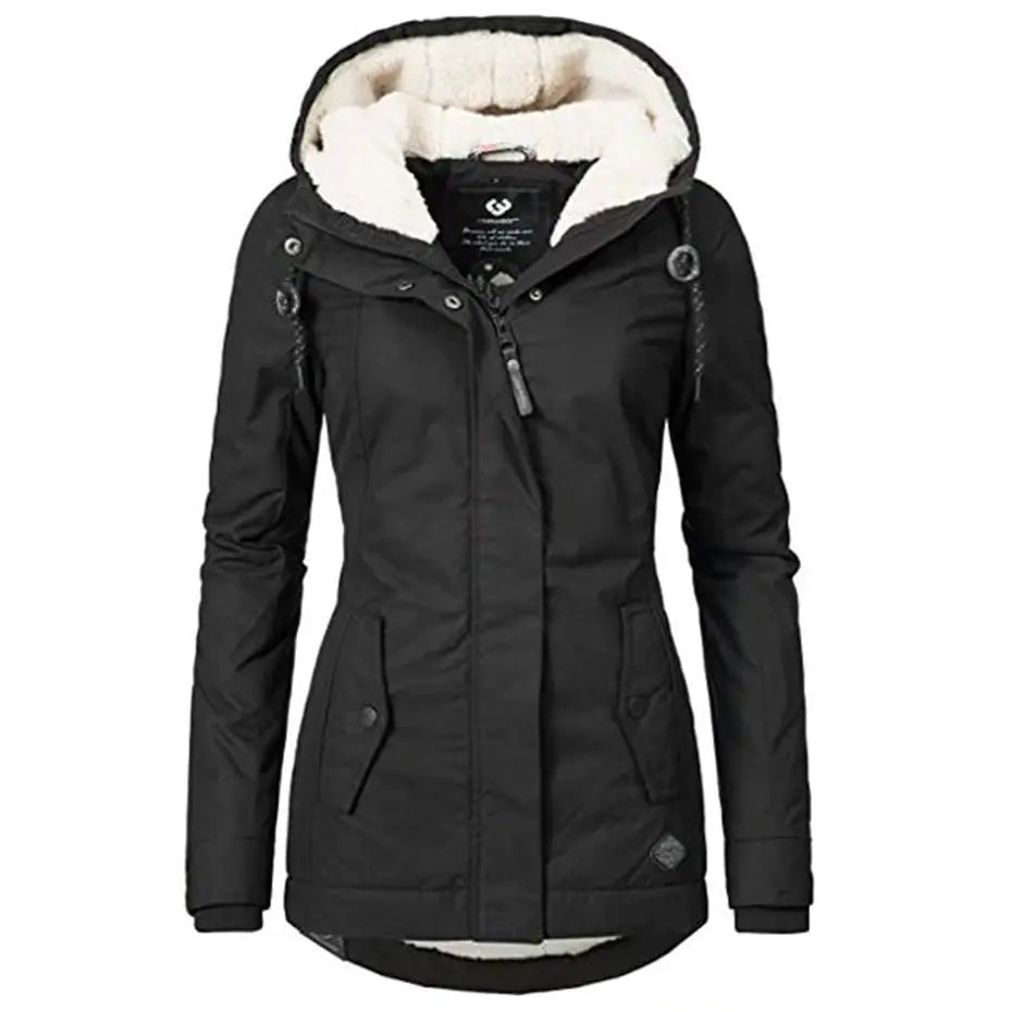 Thickened Cotton Jacket for Women - Black Hooded Coat