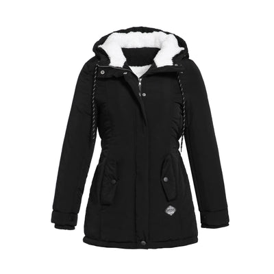 Thickened Cotton Jacket for Women - Black Hooded Coat